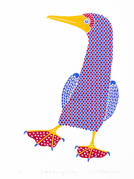 Ballet dancing booby bird with magenta pink heat patterned feet in blue and lilac print