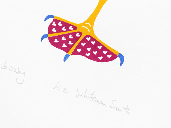 Ballet dancing booby bird with magenta pink heat patterned feet in blue and lilac print