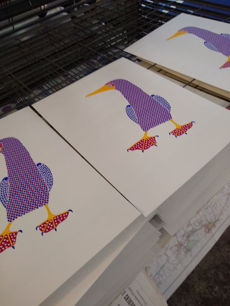Ballet dancing booby bird with magenta pink heat patterned feet in blue and lilac print