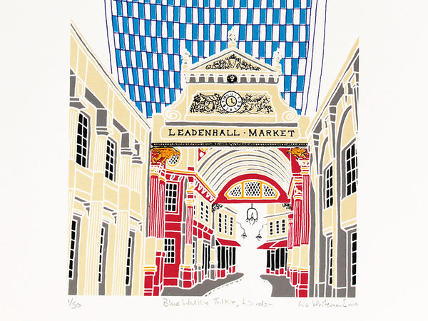 Blue Walkie Talkie building above Leadenhall market in London print