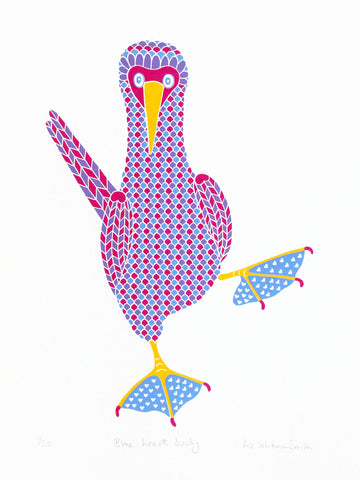 Pink, purple and blue patterned bird with a heart pattern on blue feet print