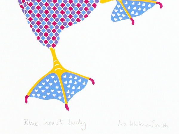 Pink, purple and blue patterned bird with a heart pattern on blue feet print