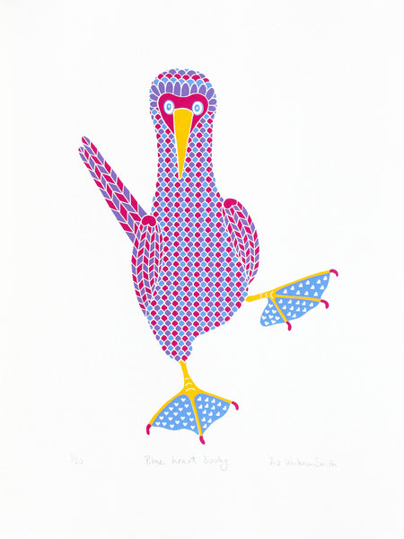 Pink, purple and blue patterned bird with a heart pattern on blue feet print