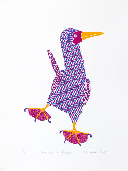 Pink, purple and blue dancing booby bird with pink dotty feet print