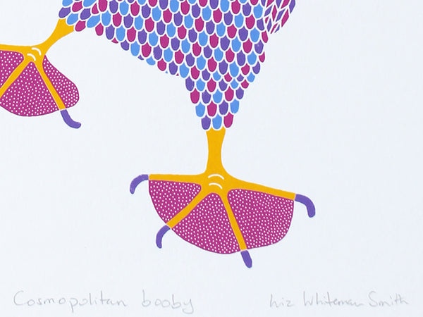 Pink, purple and blue dancing booby bird with pink dotty feet print