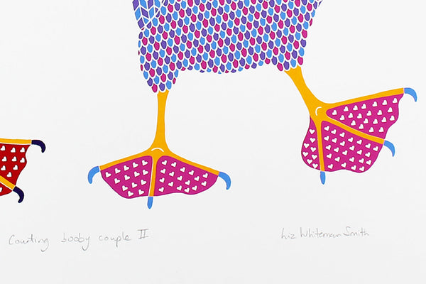 Two brightly coloured blue footed boobies dancing print