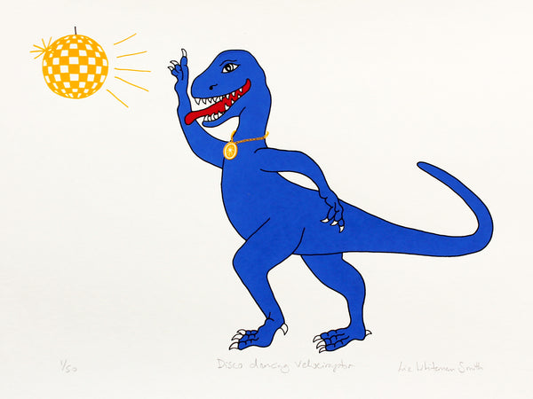 Disco dancing dinosaur with yellow glitter ball
