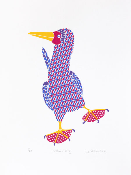 Pink, blue and purple patterned dancing booby bird with hearts on pink feet print