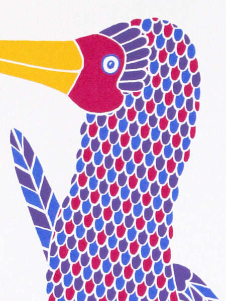 Pink, blue and purple patterned dancing booby bird with hearts on pink feet print