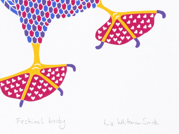 Pink, blue and purple patterned dancing booby bird with hearts on pink feet print