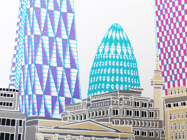 This London scene features three iconic buildings - the Cheesegrater, Gherkin and the Walkie Talkie