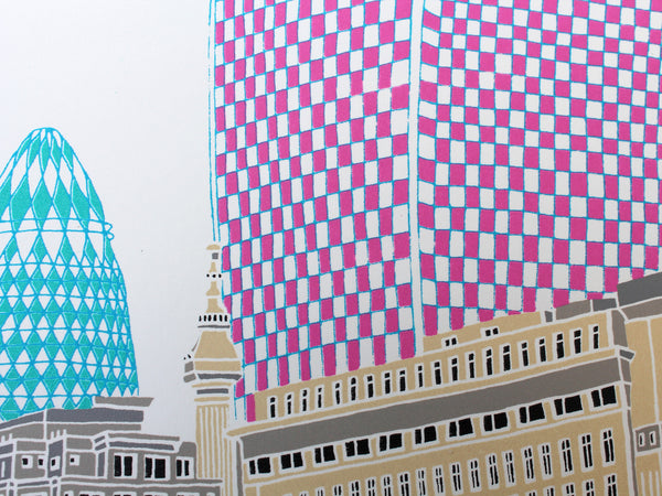 This London scene features three iconic buildings - the Cheesegrater, Gherkin and the Walkie Talkie