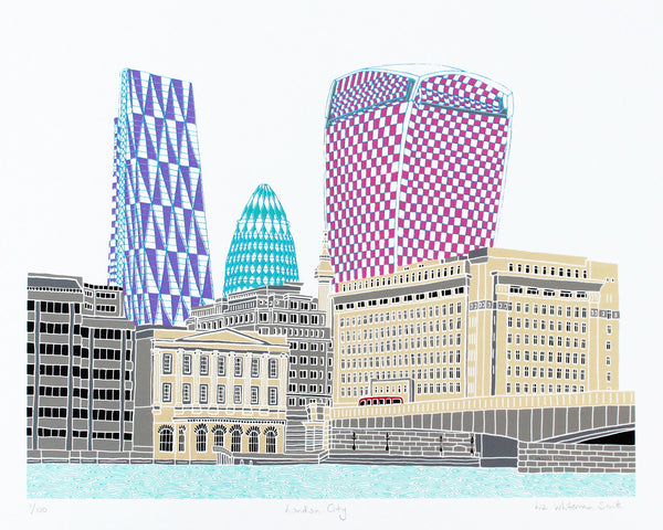 This London scene features three iconic buildings - the Cheesegrater, Gherkin and the Walkie Talkie