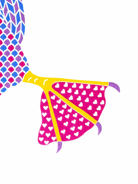 Pink patterned dancing bird print with hearts on pink feet screen print by Liz Whiteman Smith