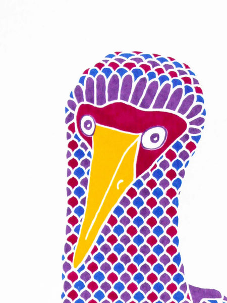 Pink patterned dancing bird print with hearts on pink feet screen print by Liz Whiteman Smith