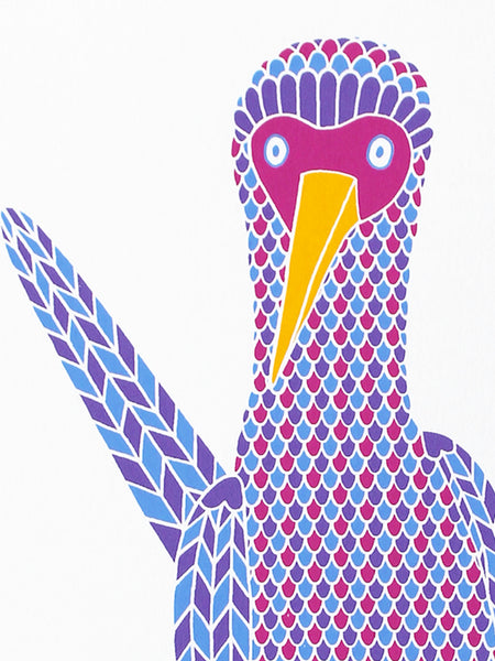 Pink, purple and blue dancing booby bird with pink heart feet print