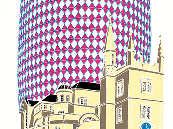 Pink Gherkin print of the Gherkin in London with the church