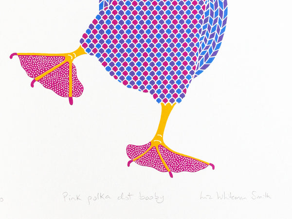 Pink booby with polka dot feet, dancing bird print