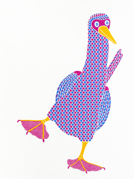 Pink booby with polka dot feet, dancing bird print