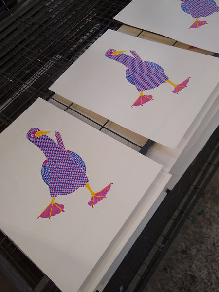 Pink booby with polka dot feet, dancing bird print