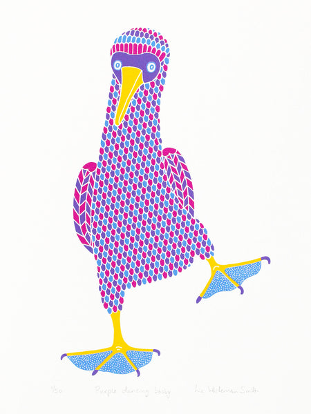 Dancing booby bird screen print, purple, pink and blue patterned bird with blue dotty feet