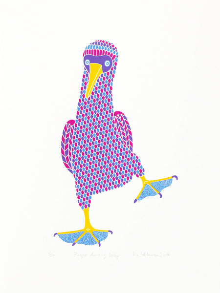 Dancing booby bird screen print, purple, pink and blue patterned bird with blue dotty feet