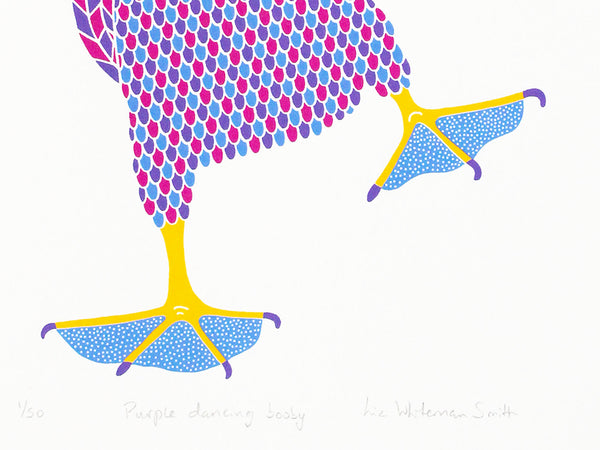 Dancing booby bird screen print, purple, pink and blue patterned bird with blue dotty feet