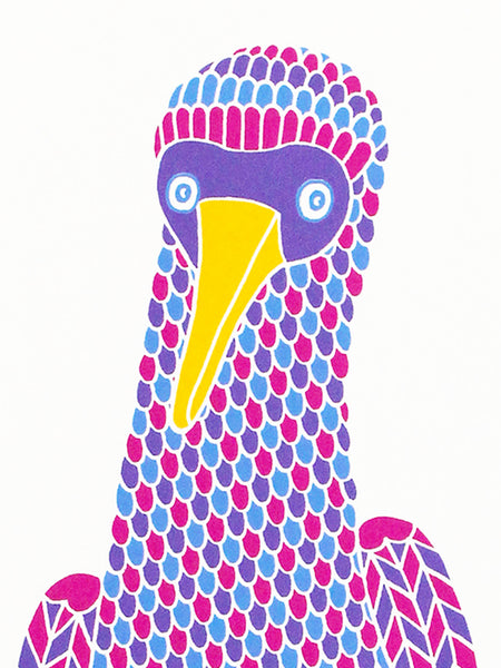 Dancing booby bird screen print, purple, pink and blue patterned bird with blue dotty feet