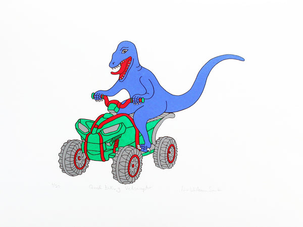 Print of a blue dinosaur riding a quad bike