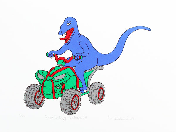 Print of a blue dinosaur riding a quad bike