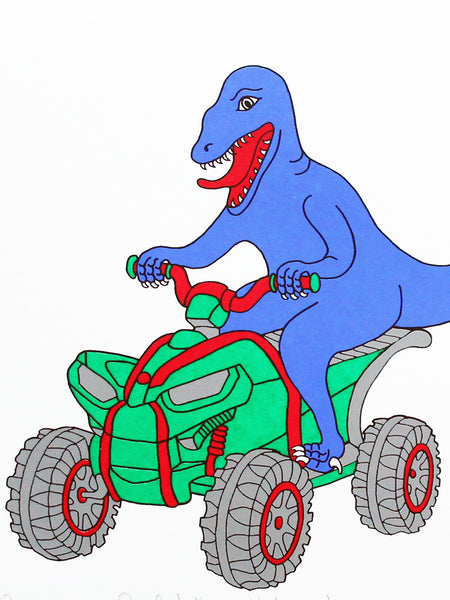Print of a blue dinosaur riding a quad bike