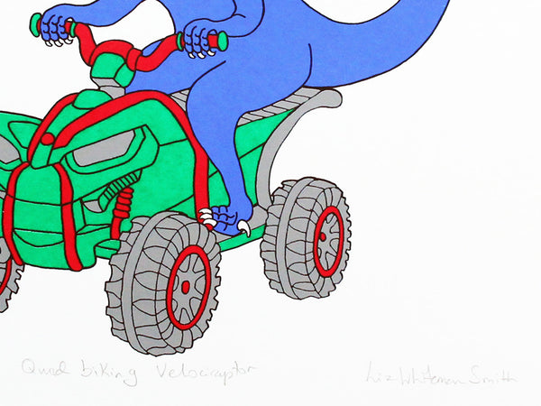Print of a blue dinosaur riding a quad bike