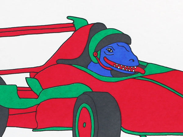 Racing velociraptor print by Liz Whiteman Smith