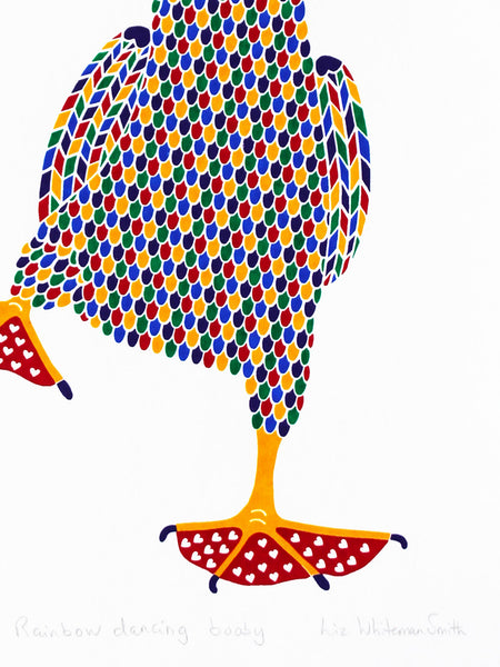 Rainbow patterned dancing blue footed booby print