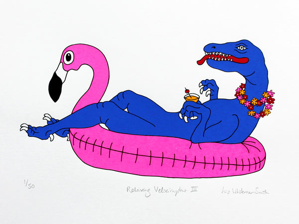 Blue dinosaur relaxing on a pink flamingo inflatable with a cocktail and floral garland print