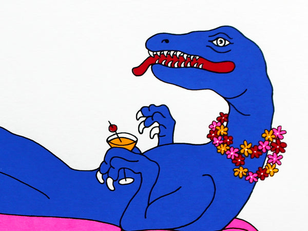 Blue dinosaur relaxing on a pink flamingo inflatable with a cocktail and floral garland print by Liz Whiteman Smith