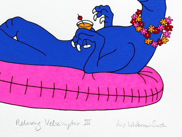 Blue dinosaur relaxing on a pink flamingo inflatable with a cocktail and floral garland print by Liz Whiteman Smith