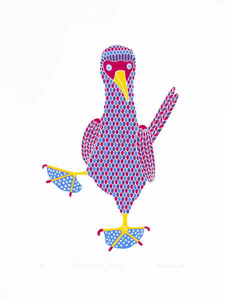 Colourful dancing booby bird screen print by Liz Whiteman Smith