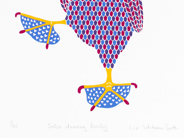 Colourful dancing booby bird screen print by Liz Whiteman Smith