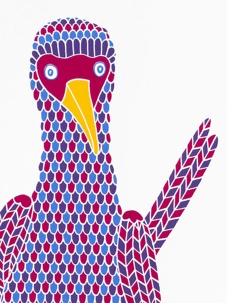 Colourful dancing booby bird screen print by Liz Whiteman Smith
