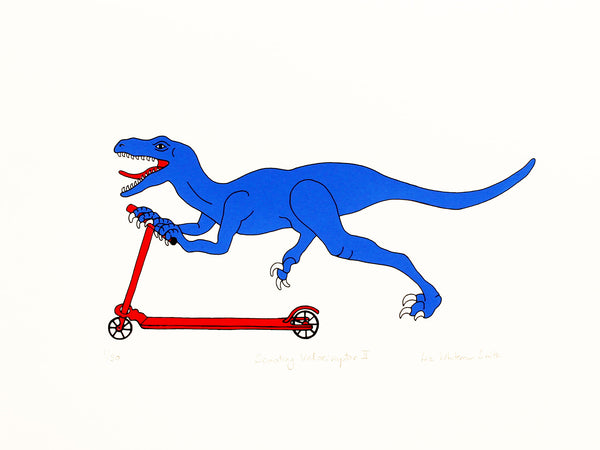 Blue velociraptor on a red scooter screen print