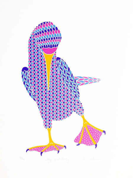 Pink booby with dot pattern on feet screen print