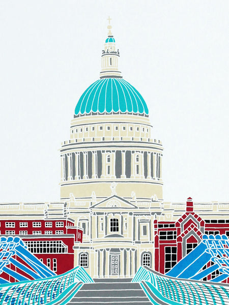 Illustration of a building with a blue dome and red and white architectural elements on a white background.