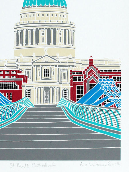 Illustration of a cityscape with a prominent building, red buildings, and a blue bridge.