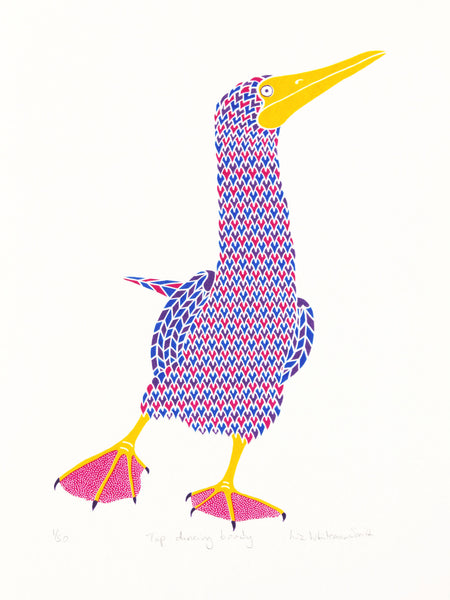 Pink booby bird with dot pattern on feet  screen print