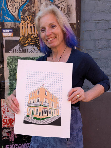 Print of the King William IV pub in Hampstead held by Liz