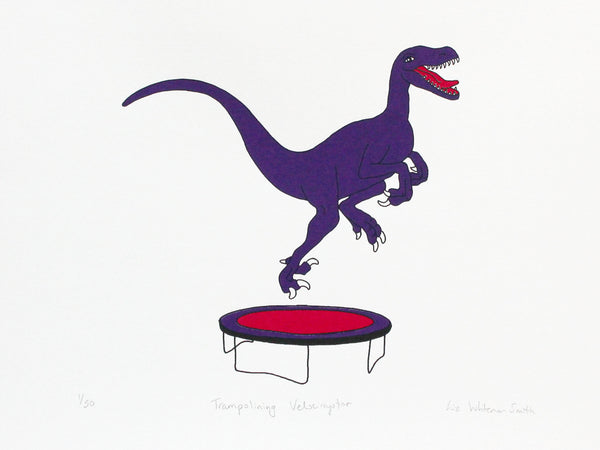 Print of a purple velociraptor bouncing up and down on a tiny trampoline
