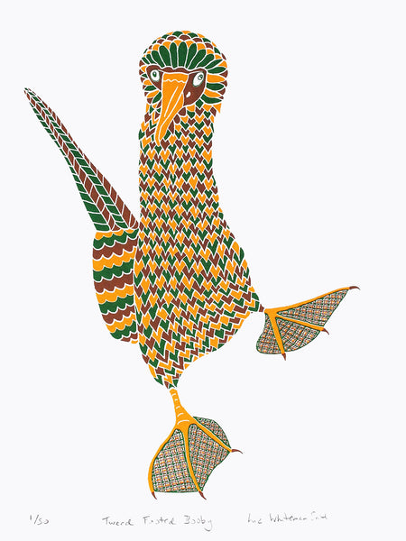 Brown yellow and green tweed patterned dancing booby bird print