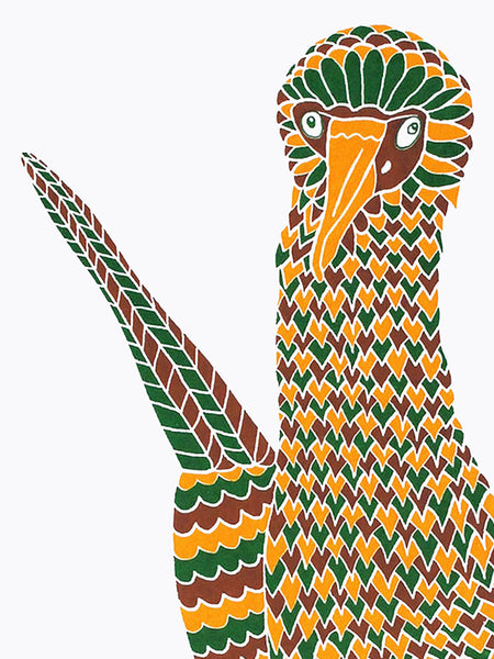 Brown yellow and green tweed patterned dancing booby bird print