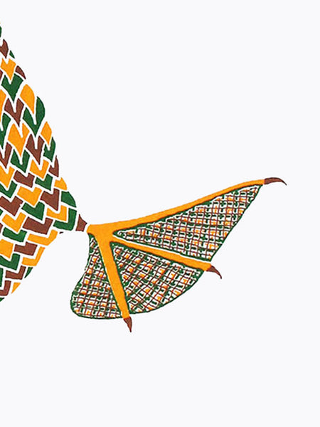 Brown yellow and green tweed patterned dancing booby bird print